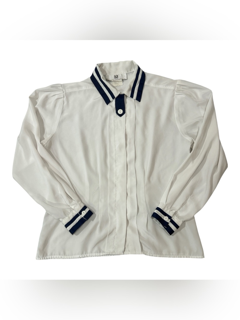 Illustrations Vintage 80s Classic White Women’s Blouse with Navy Trim Sz 4